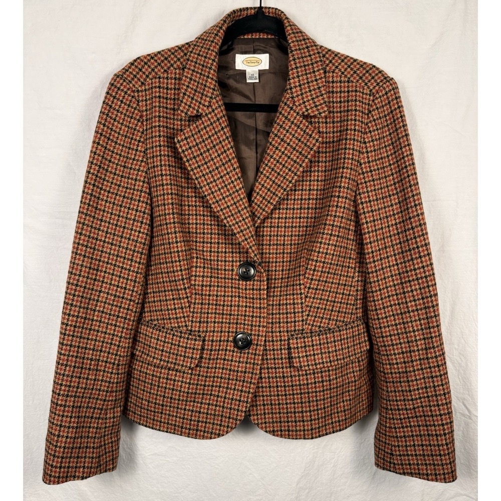 Talbots 2-Button Houndstooth Wool Blazer Women's 12 Brown/Orange Preppy USA